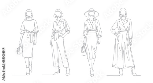 Fashion Women Models in Elegant Outfits: Continuous One Line Art Vector Set
