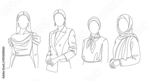 Black  White Continuous Line Art: Diverse Women's Fashion, Hijab, Headscarf  Modern Styles