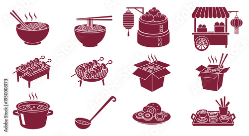 Chinese food icons: noodles, dumplings, street food, and dishes