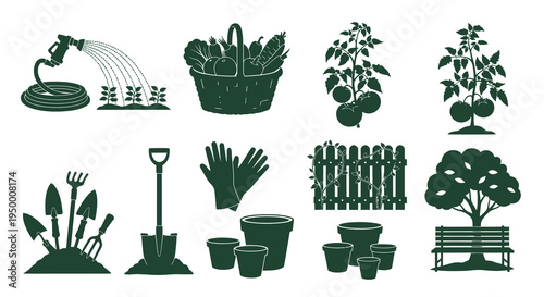 Garden Tools and Harvest Icons - Organic Farming, Gardening, Agriculture Glyph Art