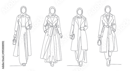 Islamic fashion illustration, Muslim women in hijab and long coats