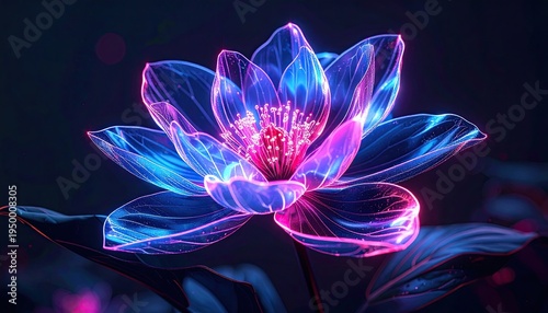 Transparent glowing neon flower with petals, vibrant colors and dark background