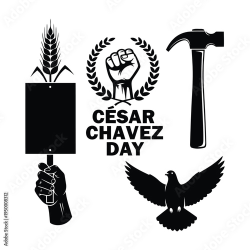 César Chavez Day celebration with a raised fist, wheat, hammer, picket sign, and dove.