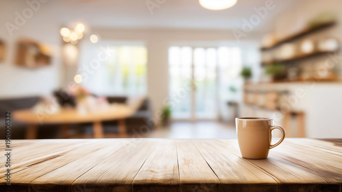 Coffee mug on empty wooden countertop, blurred modern living room interior, promoting comfort and space