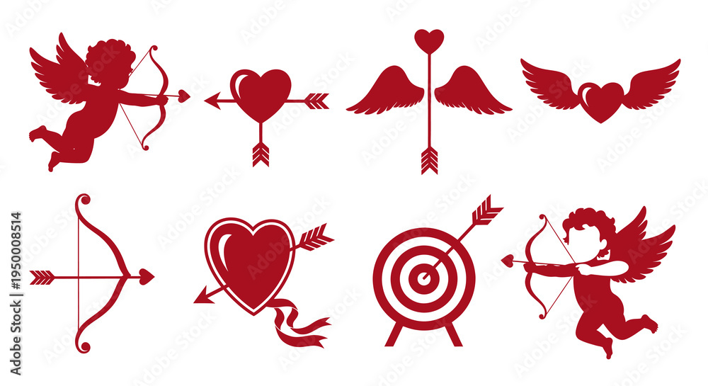 Obraz premium Red Cupid Angels Hearts Arrows Bows and Targets Vector Icons