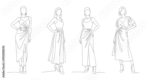 Black and White Line Art of Women in Elegant Dresses