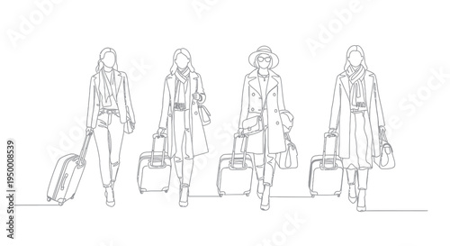 Black and white line art of fashionable women traveling with luggage