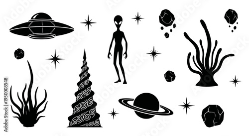 Space Vector Icon Set: UFO, Alien, Planet, Asteroids, Stars, Abstract Shapes