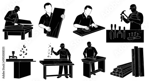 Black and White Silhouettes of Carpenters at Work with Wood and Tools