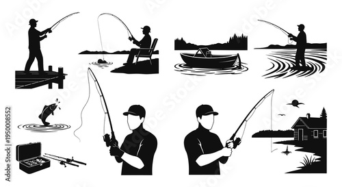 Fishing Icons Set, Silhouette Man with Rod on Lake, Vector Art