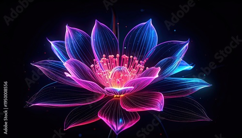 Glowing, neon lotus flower with detailed linework, black backdrop