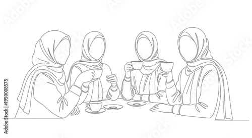 Black and White Line Art of Four Muslim Women Wearing Hijabs Drinking Coffee