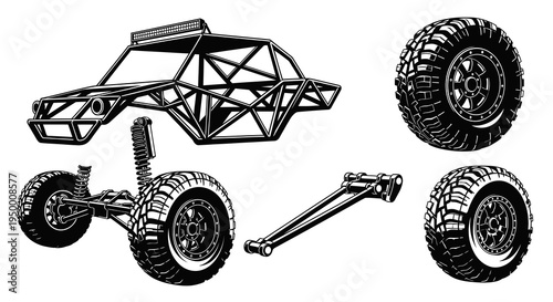 Off-road buggy frame, suspension, and tires black and white line art
