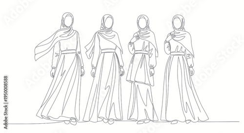 Black and White Line Art of Four Women in Hijab Dresses
