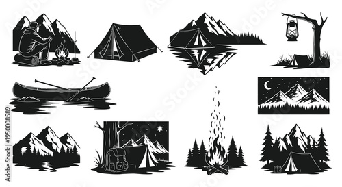 Camping And Hiking Vector Graphics: Tents, Campfire, Canoe, Mountains, Lantern