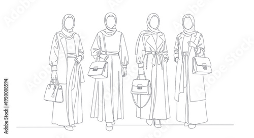 Black and White Line Art of Women in Hijab with Handbags