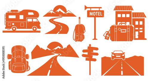 Travel icons: RV, backpack, motel, suitcase, car, road, mountains, sunset