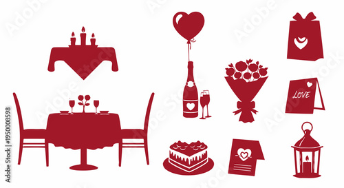 Valentine's Day Icons: Romantic Dinner, Gifts, Cake, Flowers, Love