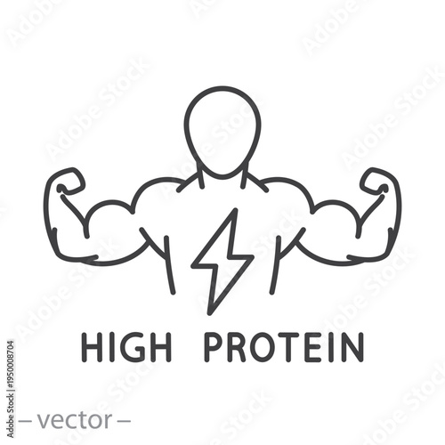 high power man icon, high protein, food label, strong arm muscle, nutrition sign, silhouette outline editable icons
