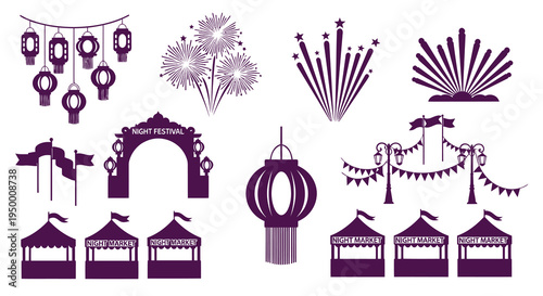 Purple Night Market Festival Icons: Lanterns, Fireworks, Arch, Stalls