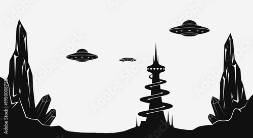 Futuristic Alien Landscape with UFOs, Spaceships and Tower