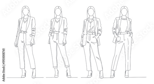Black and White Line Art of Four Women in Business Suits