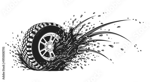 Black and White Tire Splashing Mud or Water Vector Art