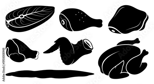 Black  White Silhouette Icons of Various Raw Meat and Fish Cuts