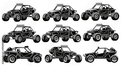 Black and White Line Art Dune Buggies, Off-Road Vehicles, Vector Set
