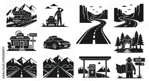 Black  White Glyph Icons of Road Trips, Travel and Transportation