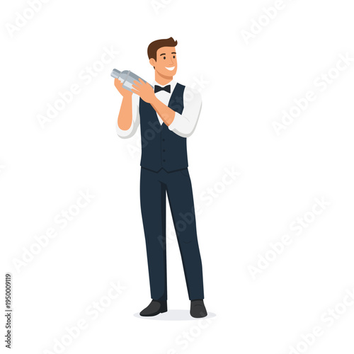 Flat vector illustration of bartender mixing cocktail with shaker. Bar staff character isolated on white background for pub and cocktail bar design.