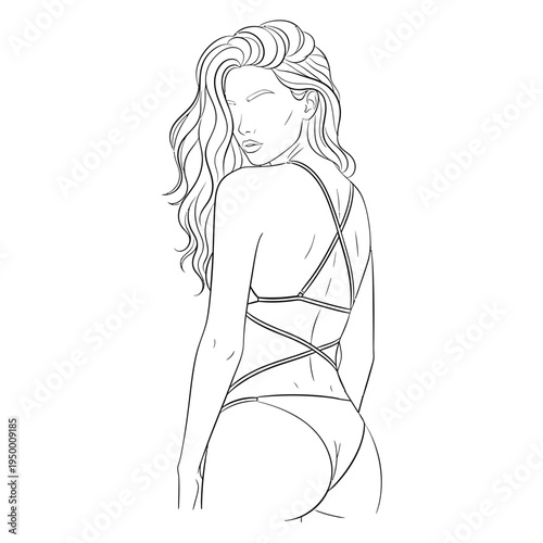 Woman with long hair wearing a strappy swimsuit turning around