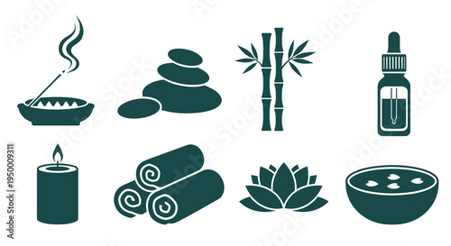 Spa  Wellness Icons: Incense, Stones, Bamboo, Candle, Oil, Lotus, Bowl