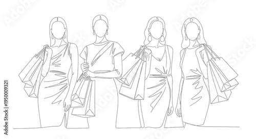 Elegant Women Shopping Bags Line Art Fashion Black White