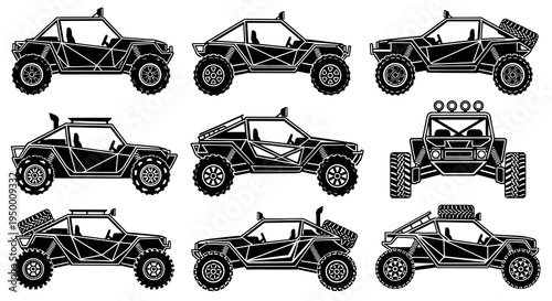 Black and white line art icons of off-road buggies for automotive industry