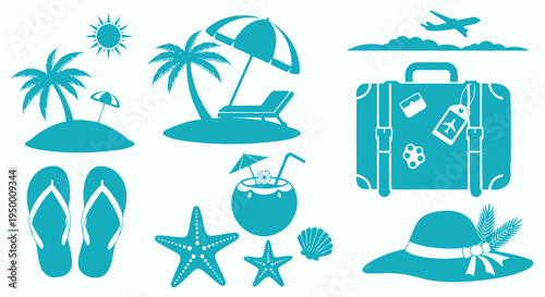 Summer Vacation Icons: Travel, Beach, Holiday, Luggage, Hat, Flip Flops