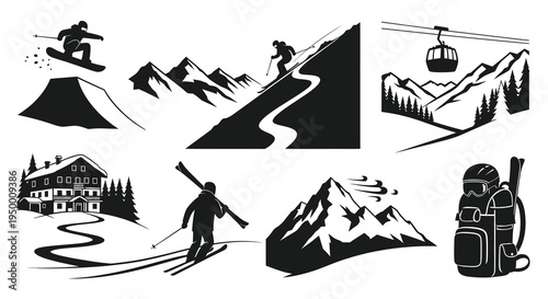 Winter Sports Icons: Snowboarding, Skiing, Mountains, Cable Car, Backpack