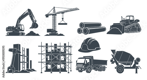 Construction Equipment Set - Black and White Vector Icons for Industry