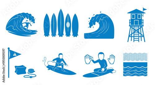 Surfing Icons Set - Ocean Waves, Surfboards, Lifeguard Tower, Beach Safety Glyph