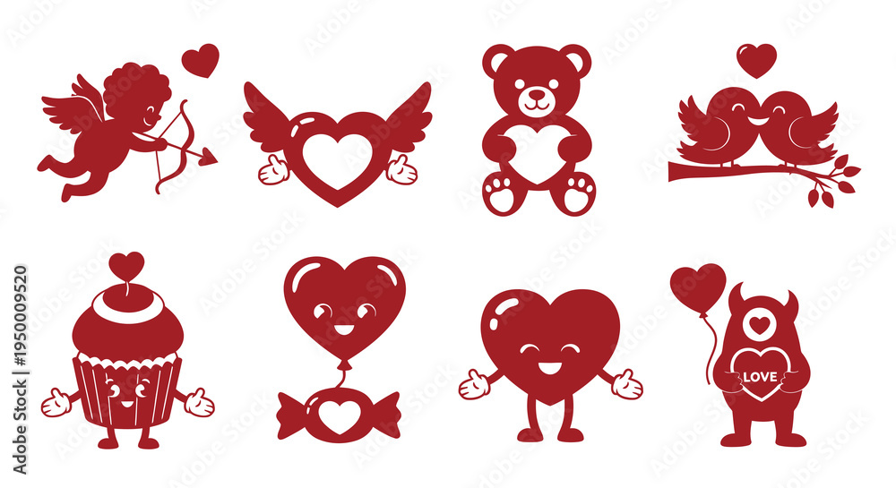 Obraz premium Valentine's Day Icons - Cute Hearts, Cupid, Teddy Bear, Cupcake, Monster