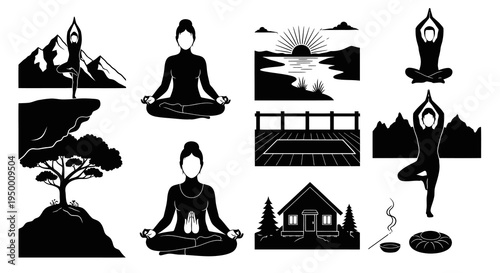 Yoga Silhouette Icons: Meditation, Tree Pose, Nature, House, Incense