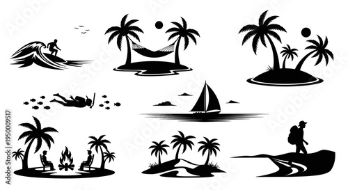 Tropical Island Vacation Silhouettes: Surfing, Snorkeling, Sailing, Camping, Hiking