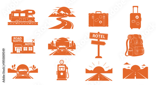 Travel Icons: Road Trip, Vacation, Motel, Luggage, Backpack, Gas Station, Sunset