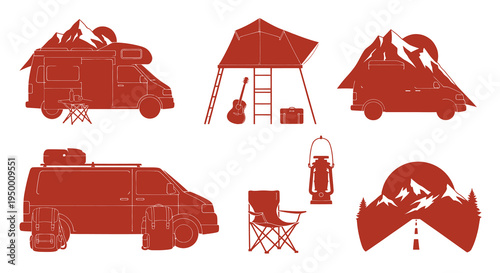 Camping Van Adventure Icons Set, Flat Vector Art