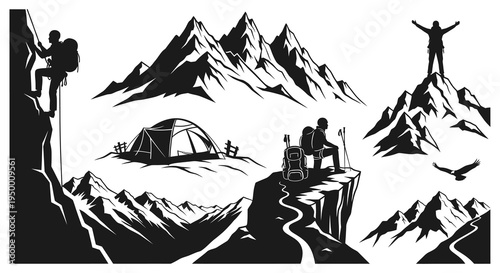 Black  White Mountain Climbing Vector Art - Adventure, Outdoors, Success