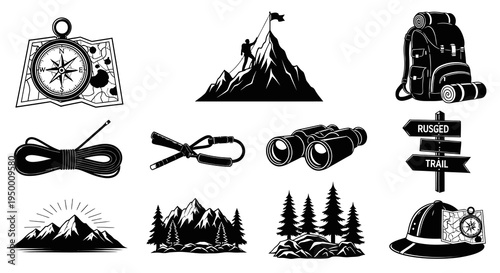 Black and White Vector Icons for Hiking, Camping, and Outdoor Adventure