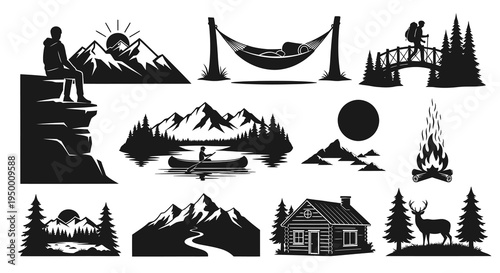 Black  White Outdoor Adventure Silhouettes: Mountains, Camping, Hiking Icons