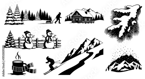 Winter Scene Vector Art: Snowmen, Cabin, Mountains, Skiing, Hot Drink