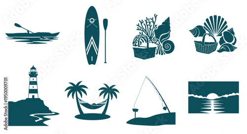 Beach and Ocean Icons: Kayak, Surfboard, Lighthouse, Hammock, Fishing, Sunset