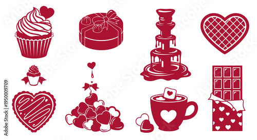Valentine's Day Chocolate Sweet Treats Vector Icons Set Red